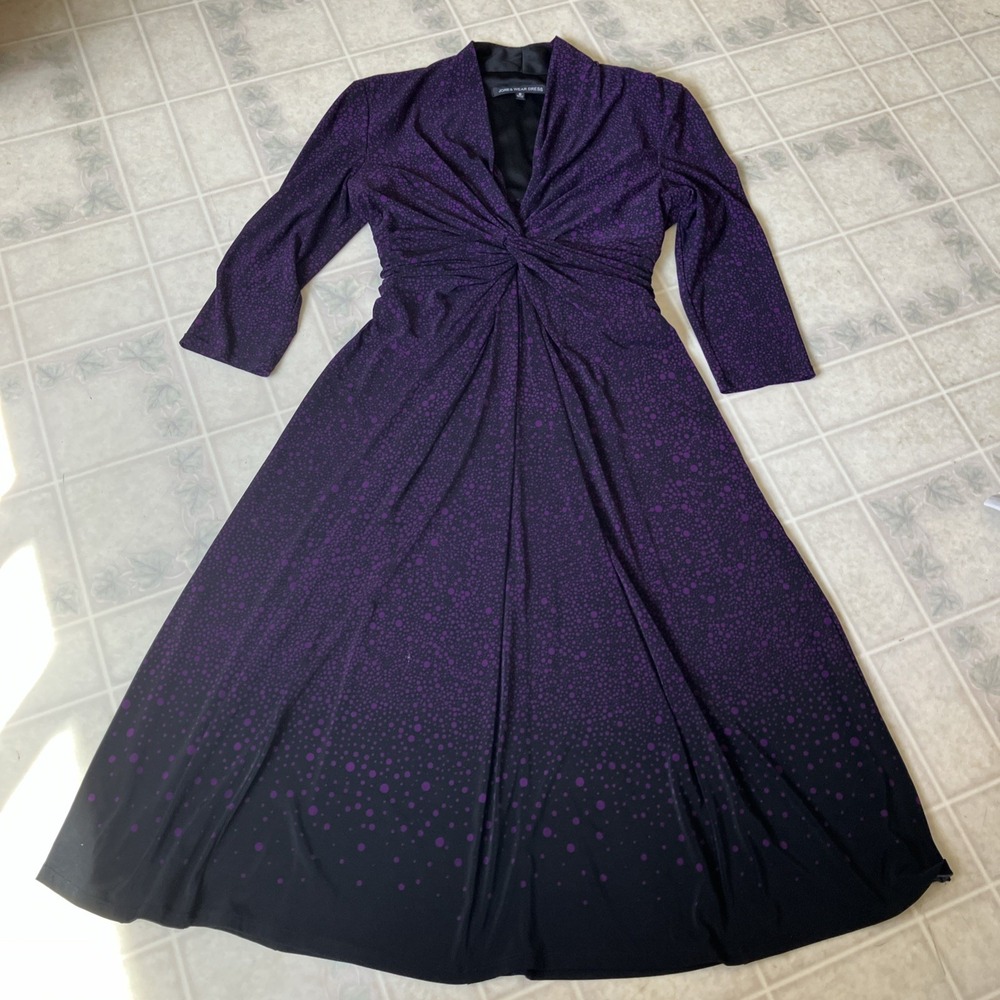Jones Wear Purple Polka Dot Flare Twist Front Stretch Dress 3/4 Slv 6 Retro 90's